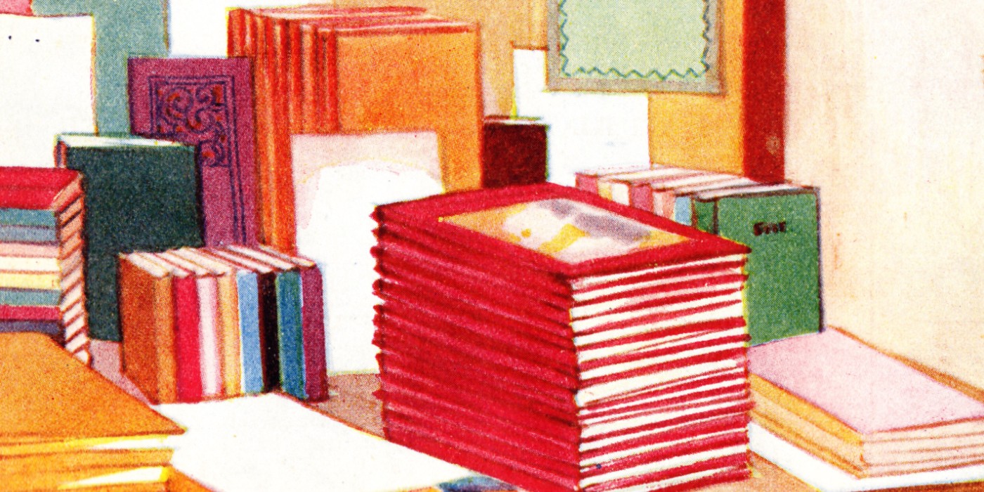 A colourful drawing of a pile of books and magazines