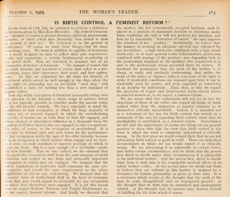 An article from Woman's Leader on birth control