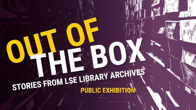 An advert for Out of the Box. The background image is of archives stacks.