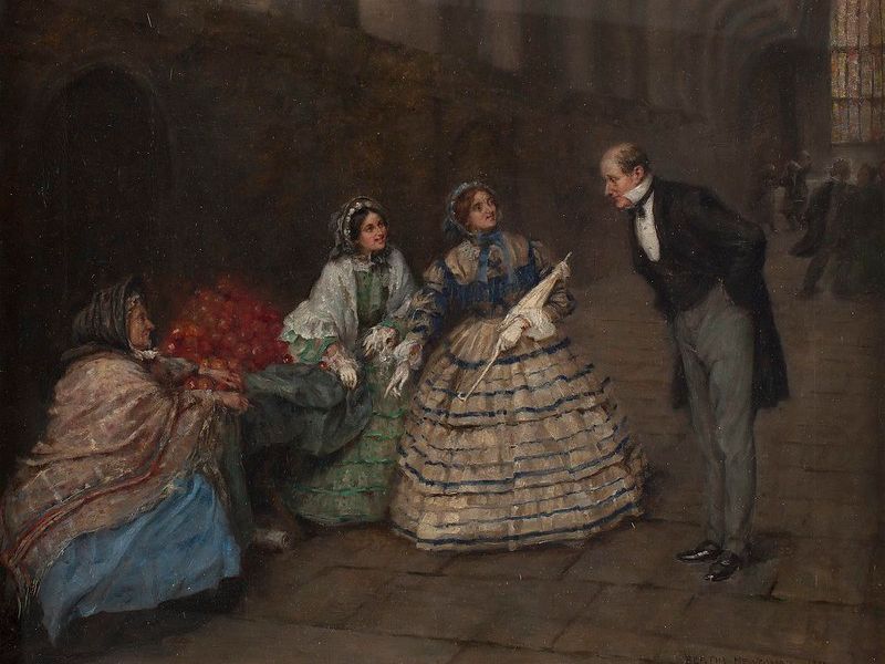 Painting of Emily Davis and Elizabeth Garrett presenting the suffrage petition to John Stuart Mill in Westminster Hall on 7 June 1866.  This painting was created by Bertha Newcombe, member of the Fabian Society and suffragist, in 1910.