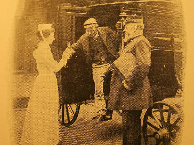 Image taken from Living London, George R Simms, 1901 of a pauper getting out of a taxi and being greeted by a lady
