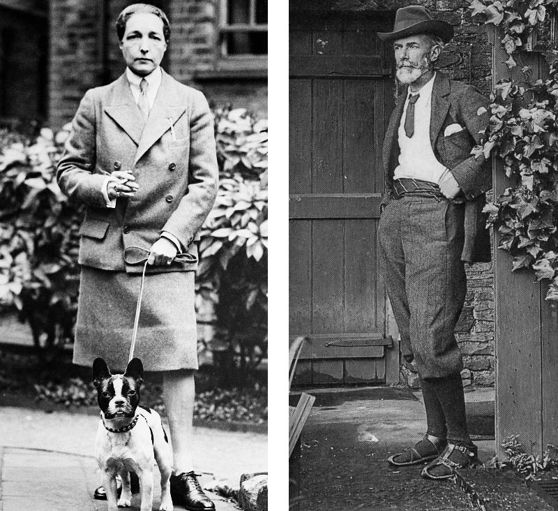 A simple collage of two photos. One is of Radycliffe Hall stood smoking with a dog, the other is Edward Carpenter stood with his hands in his pocket and wearing a hat a beard.