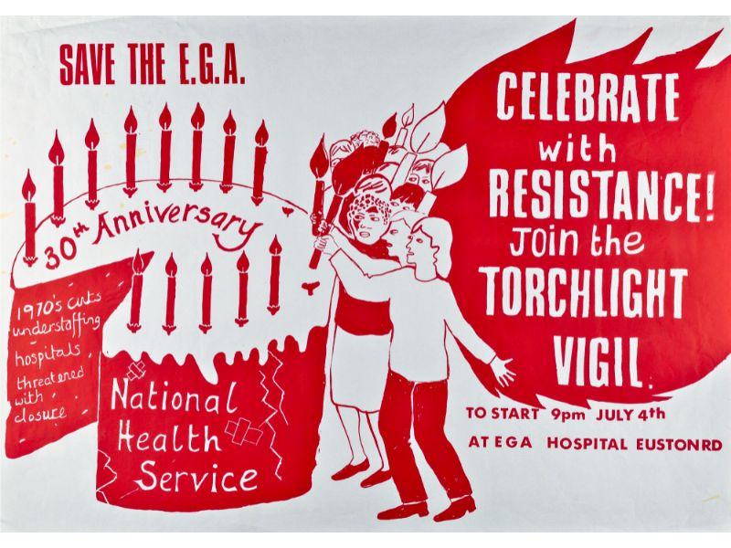 A poster advertising a torchlight vigil to save the Elizabeth Garrett Anderson Hospital on Euston Road