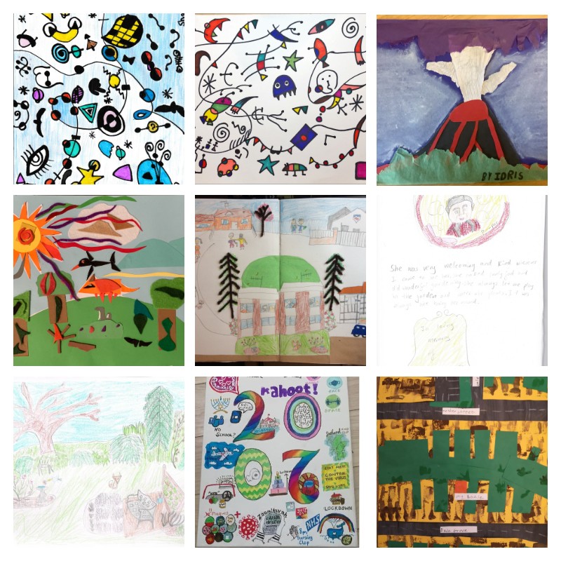 A collage of 9 images drawn by school children as part of the Fading Rainbows project