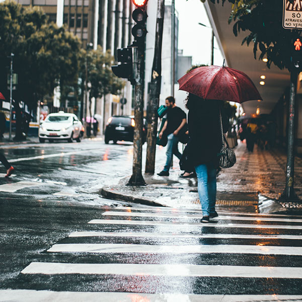 Image of a woman with an umbrella on a zebra crossing
