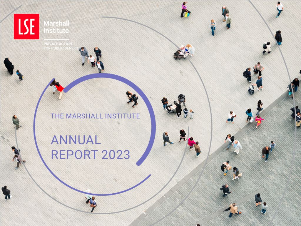 Annual Report 2023 cover - crowd of people with the Marshall Institute logo overlaid