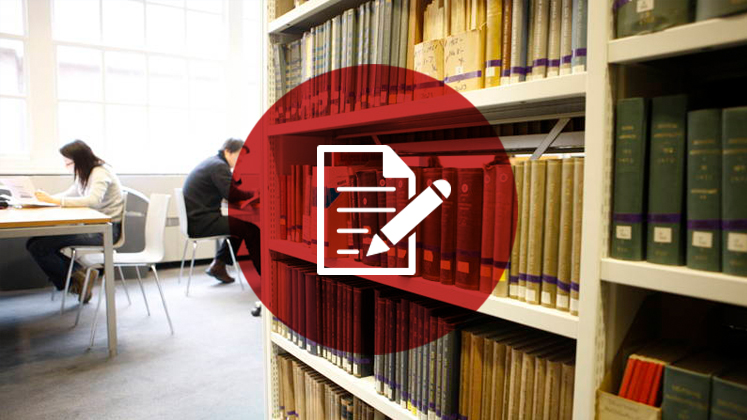 A library book shelf facing a student