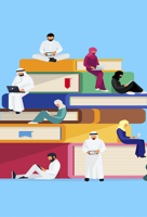 Animated image of people sitting around an oversized stack of colourful books.