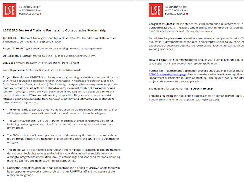 Image of the ID-UNRWA Studentship information document. 