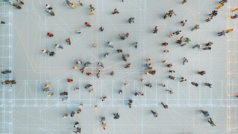 Aerial view of people with digital nodes Ethics of AI