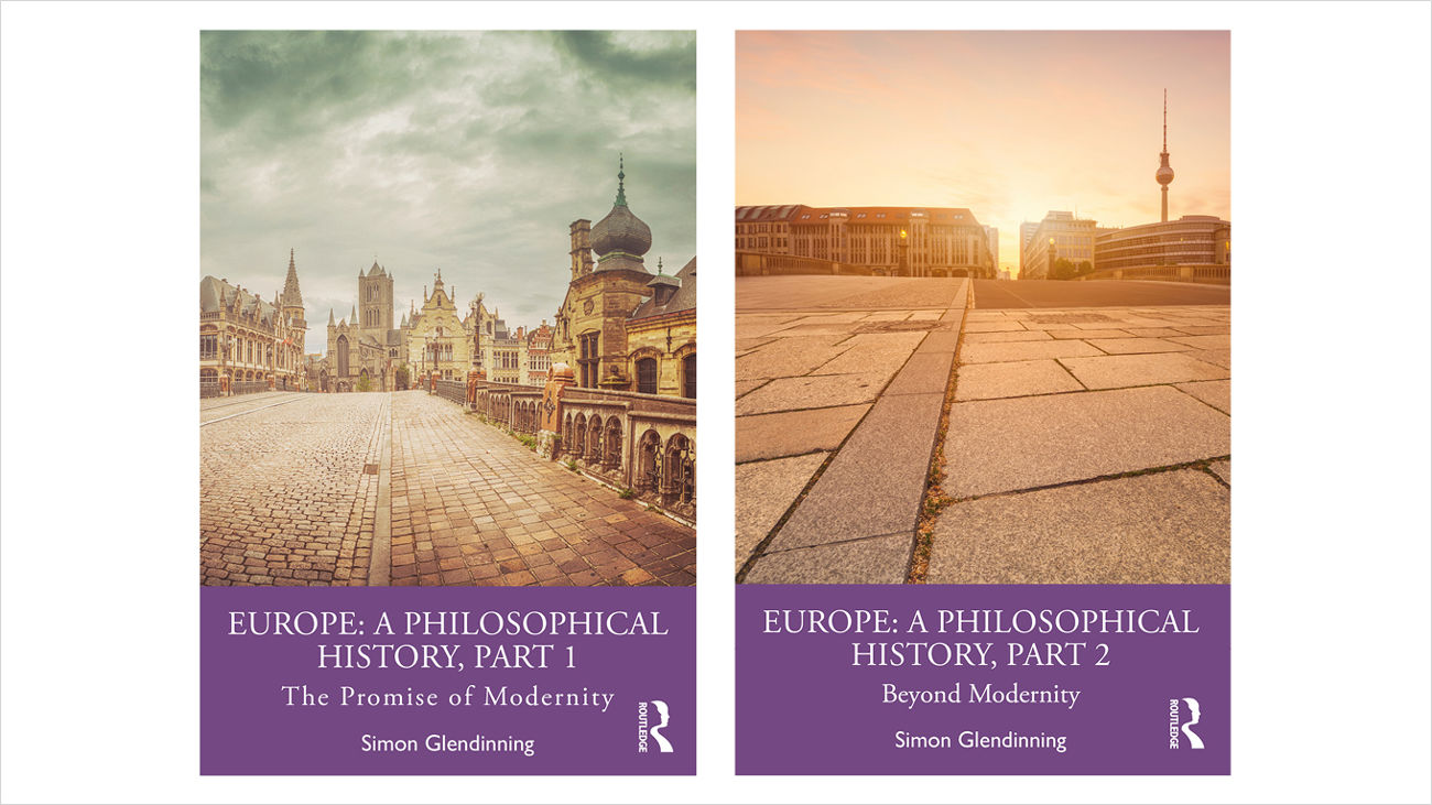 Book covers of "Europe: A Philosophical History" (parts 1 and 2) by Professor Simon Glendinning