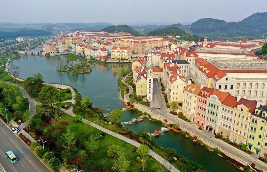 Colourful European style buildings set around a lake