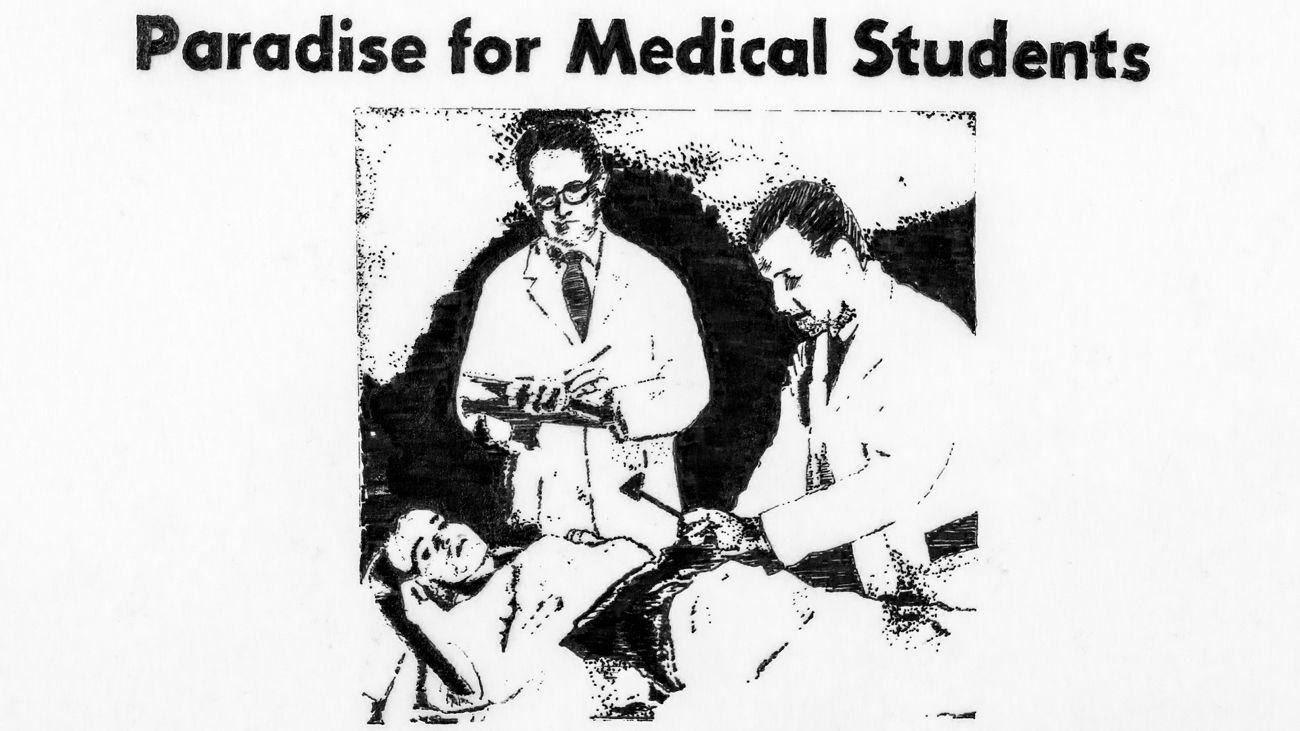 A black and white sketch of a patient being treated by medical students.