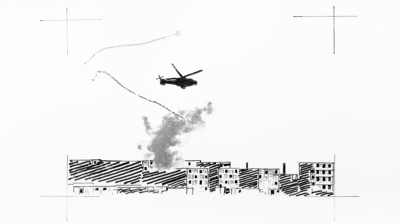A black and white sketch of a town made of containers billowing smoke as a helicopter hovers above.