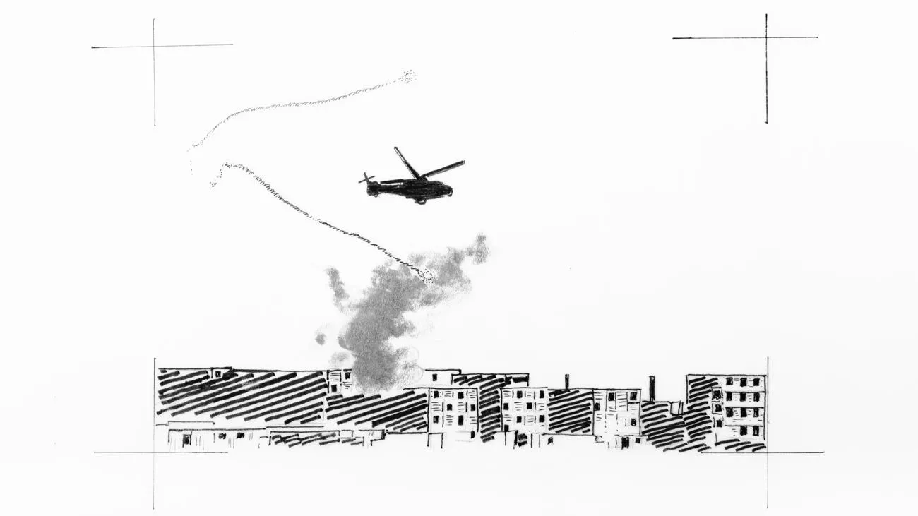 A black and white sketch of a town made of containers billowing smoke as a helicopter hovers above.