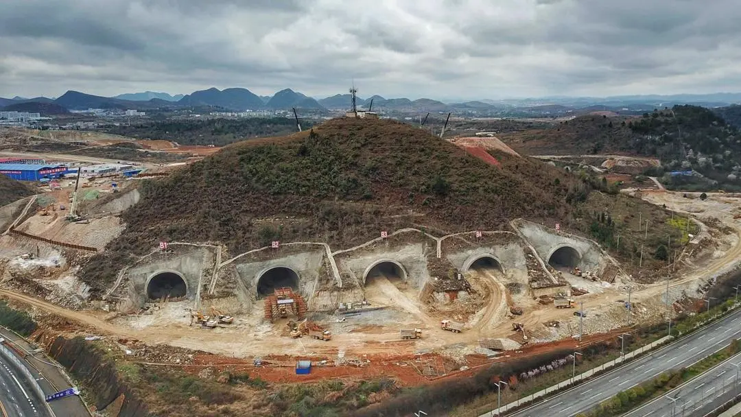 Tunnels into a mountain under construction