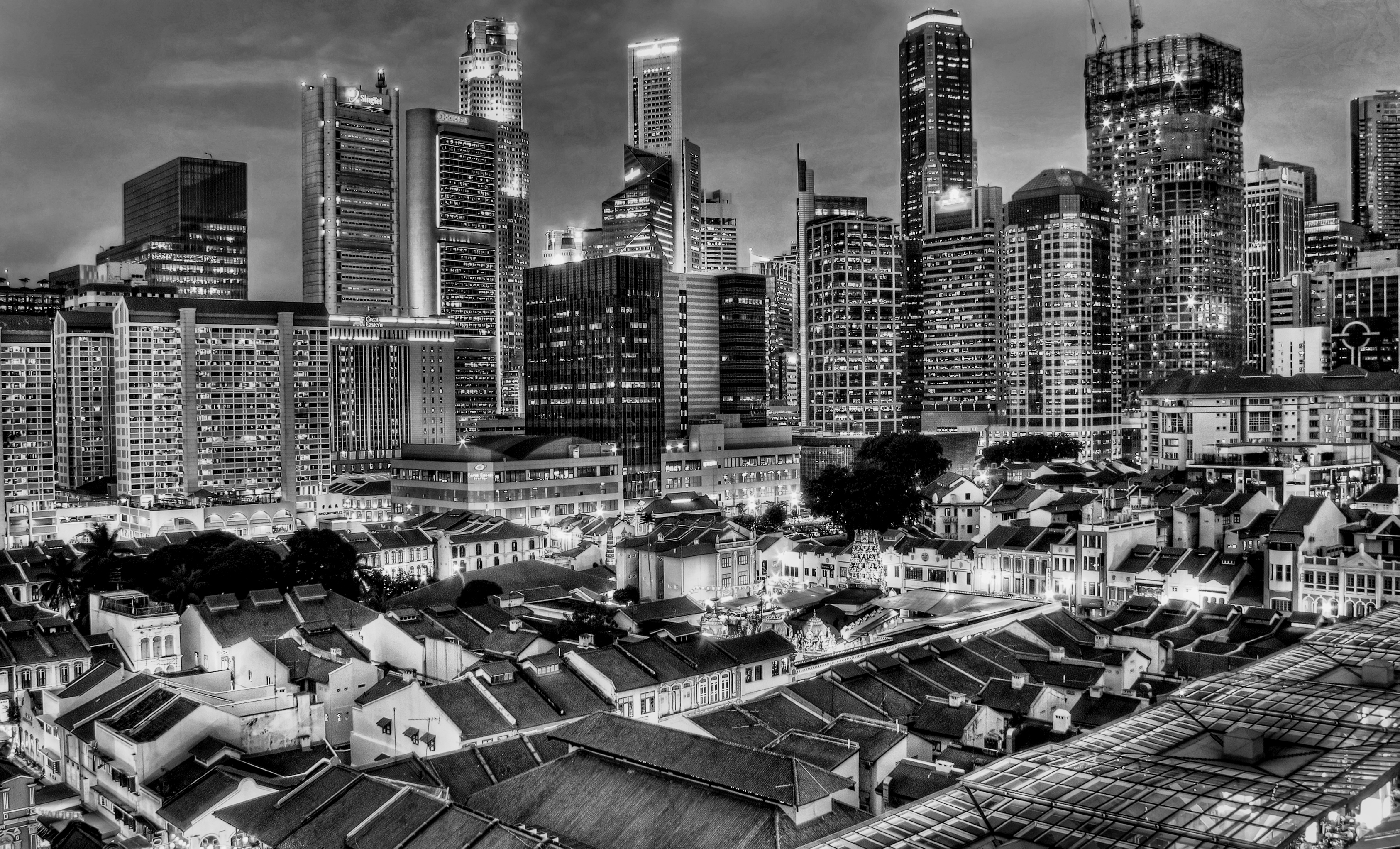 A view over city buildings in Singapore at night