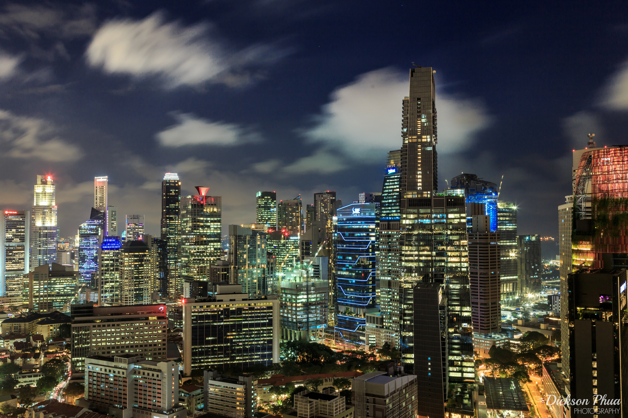 Lit up city buildings in Singapore at night