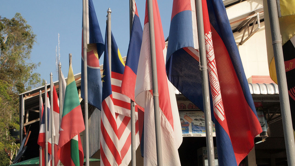 Flags from ASEAN countries outside a building