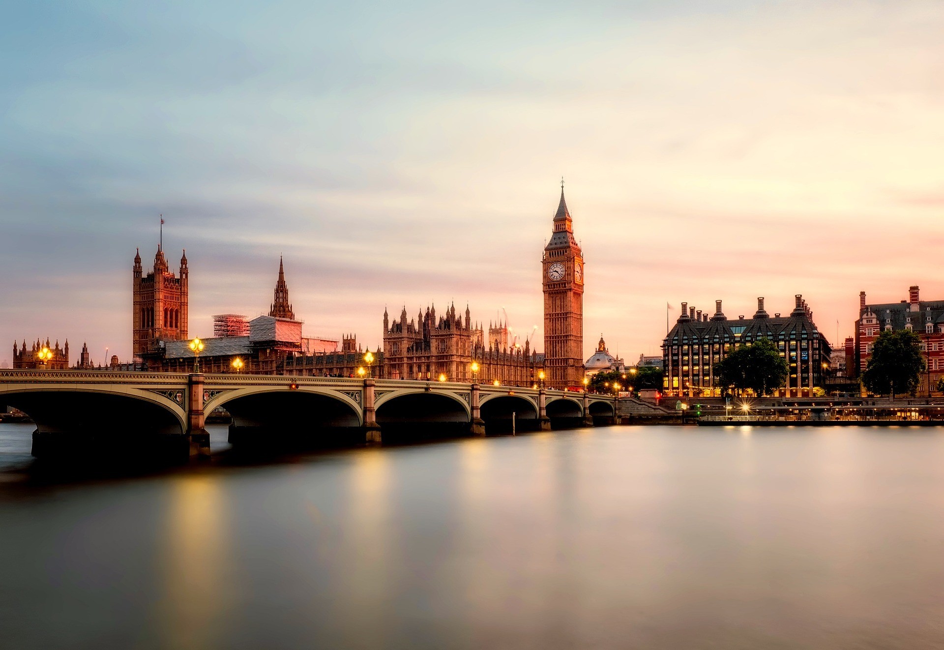 Photo of Big Ben and London skyline. 