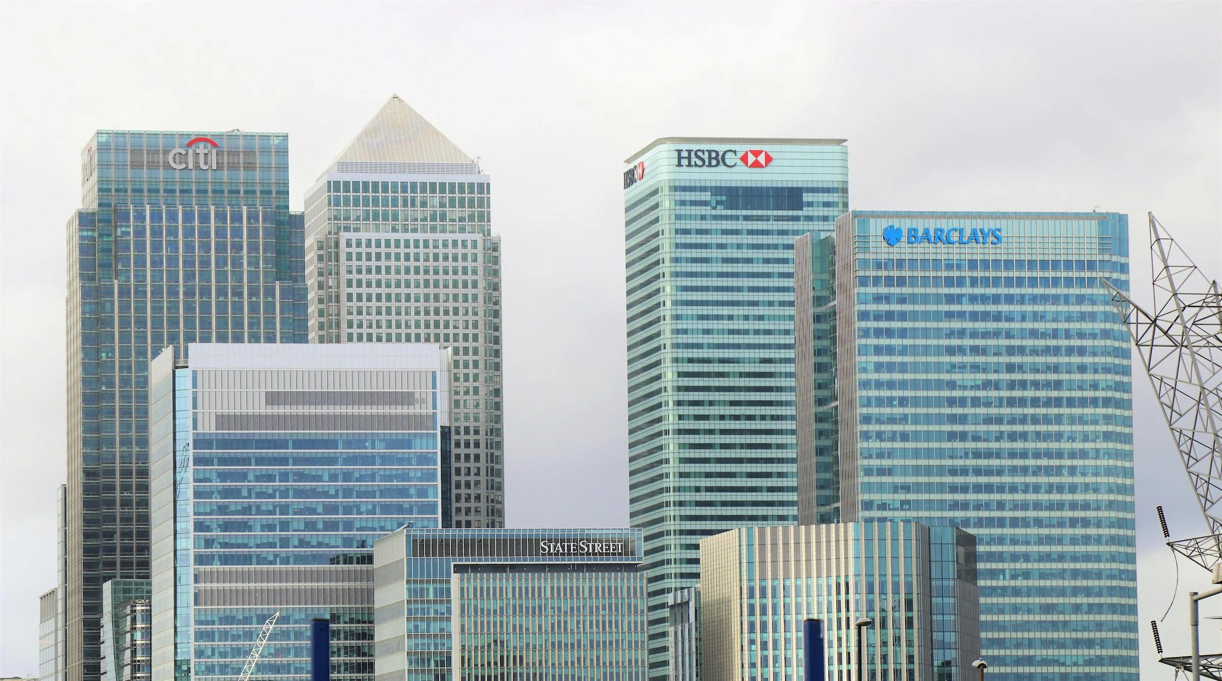 Skyline of London financial buildings at Canary Wharf