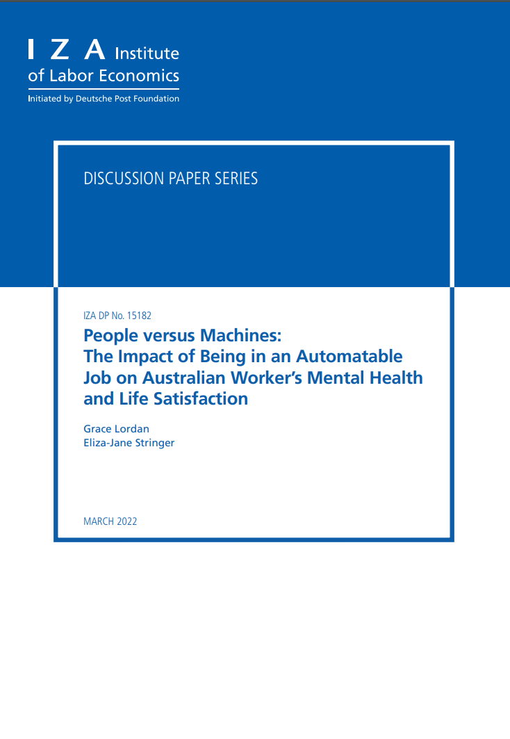 People versus Machines The Impact of Being in an Automatable Job on Australian Worker's Mental Health and Life Satisfaction